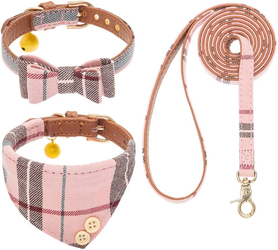 Pink Plaid Bow Tie and Bandana Collar with Leash