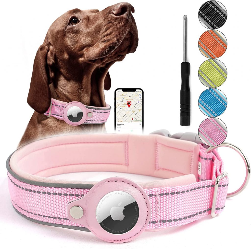 Reflective Pink Dog Collar with AirTag Pouch