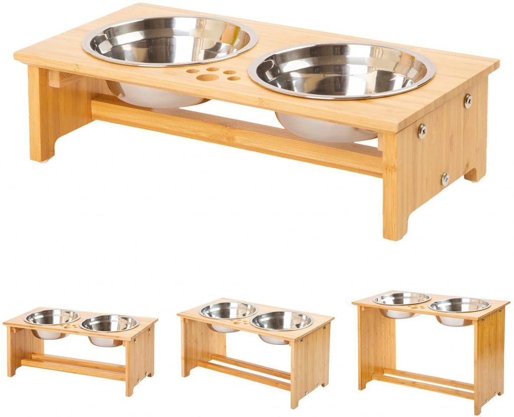 FOREYY Raised Bamboo Bowl Stand With Two Stainless Steel Bowls