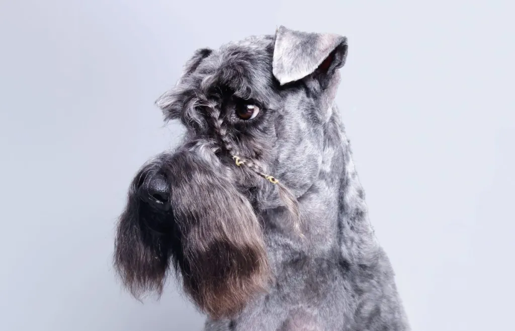 Portrait of Kerry Blue Terrier with a pigtail of their beard on a white background.