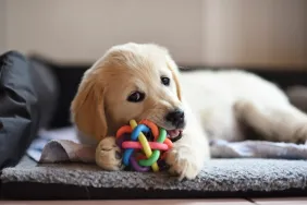 Golden Retriever puppy chewing on chew toy