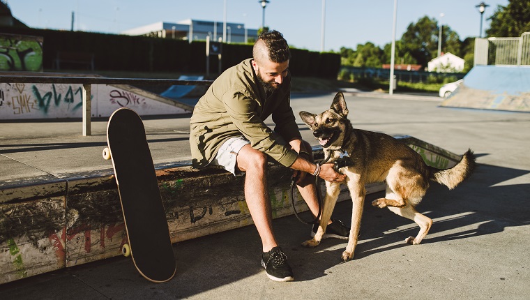 Young man playing with his dog in a skatepark