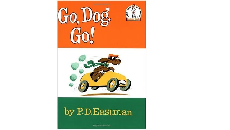 Cover art for Go, Dog. Go! A dog with a hat and scarf drives a yellow car.