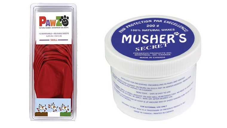 A package of red Pawz rubber booties next to a container of Musher's paw wax.