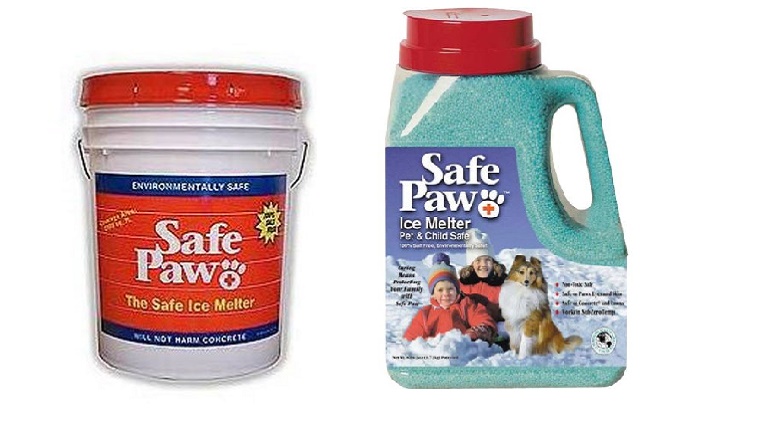 A bucket and a smaller container of Safe Paw ice melter is displayed against a white background.