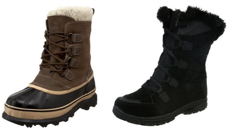 A men's winter boot and a women's winter boot are displayed against a white background.