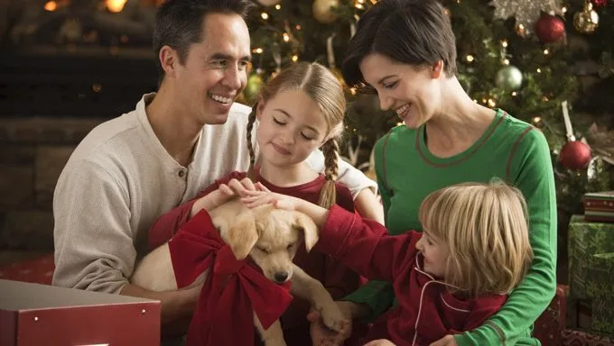 family with christmas puppy