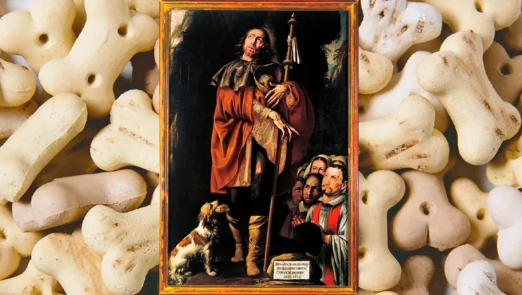 A painting of Saint Roch with a dog at his legs holding bread in his mouth.