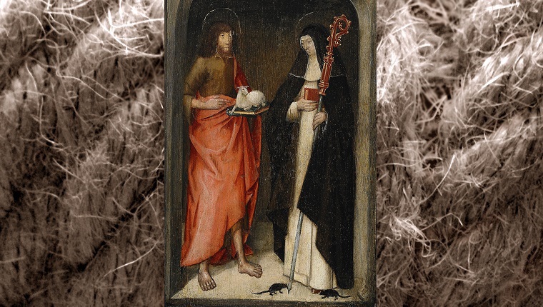 A painting of Saint Gertrude blessing a lamb with mice at her feet.