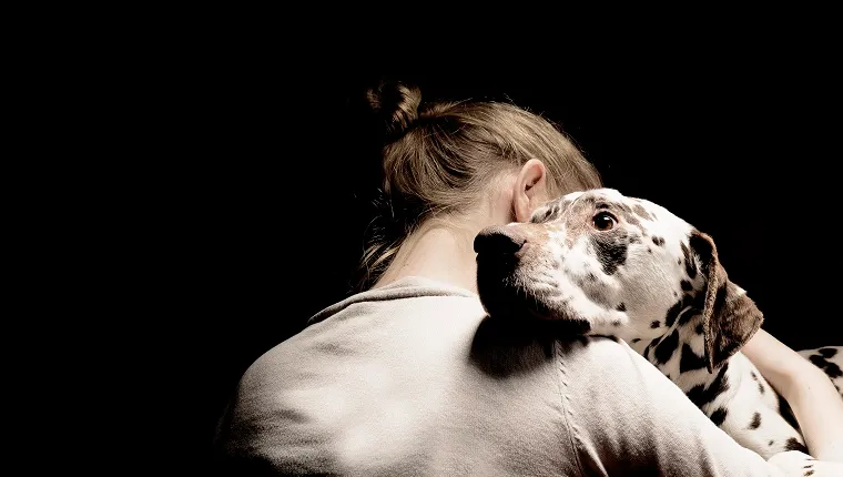 A girl hugs a black and white dog.