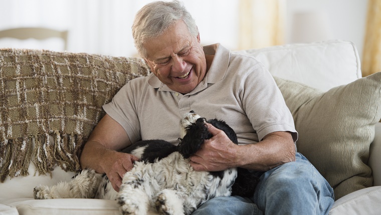 Senior man playing with dog