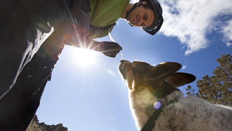 A man stops to give his dog a drink of water from a hydrations system, while on a mountain bike ride.