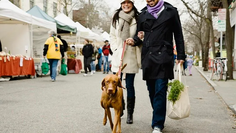 Couple with dog at farmer's market