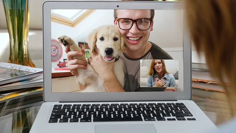 Guy showing off his new puppy over Skype.