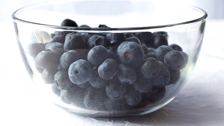 Close-Up Of Delicious Blueberries In Glass Bowl