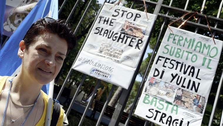 ROME, ITALY - JUNE 21: Animal rights activists demonstrated, near the Embassy of China, to protest against the Festival of Yulin to be held on June 21. Yulin is a Chinese metropolis of 5 million and a half inhabitants, where on June 21 of each year, for the summer solstice, is celebrated a festival for which are then slaughtered and eaten about 10 thousand dogs. Representation Animal rights activists, who have staged what happens during the festival: dogs and cats tortured and boiled alive, after being captured in the street or taken from their masters,on June 21, 2016 in Rome, Italy. (Photo by Simona Granati/Corbis via Getty Images)