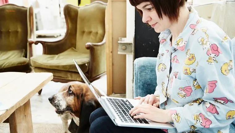 Young woman using laptop, dog in background