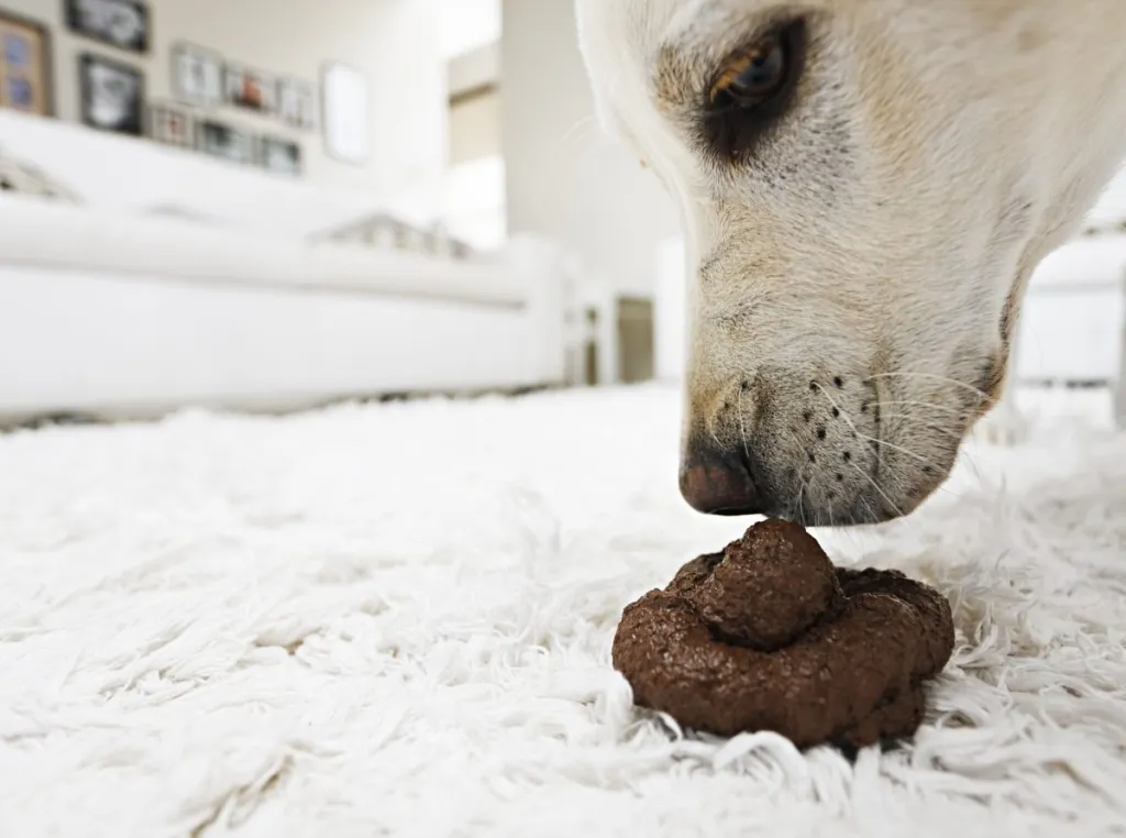 dog sniffing poop on floor