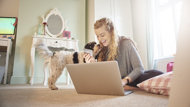 a young woman is sitting crosslegged on the floor of her bedroom using her laptop to buy something . she is holding her bank or credit card ready for the purchase . her family dog comes to say hello.