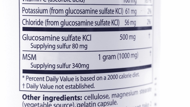 Closeup of glucosamine & MSM labeling. No infringement issues, none of the ingrediants are trademarked or brand names.