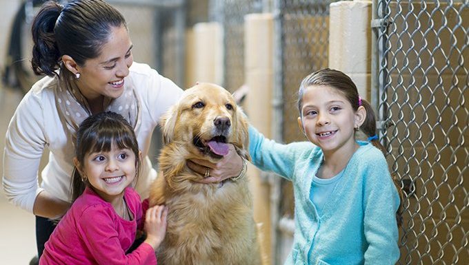 family with dog in shelter