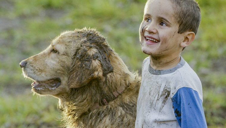 A young boy stands outside in the mud and pets his golden retriever. They play in mud and puddles outdoors on a farm on a warm fall day.