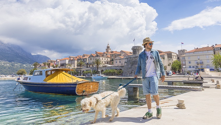 Man walking the Dog at the Harbour of the Old Town of Korcula