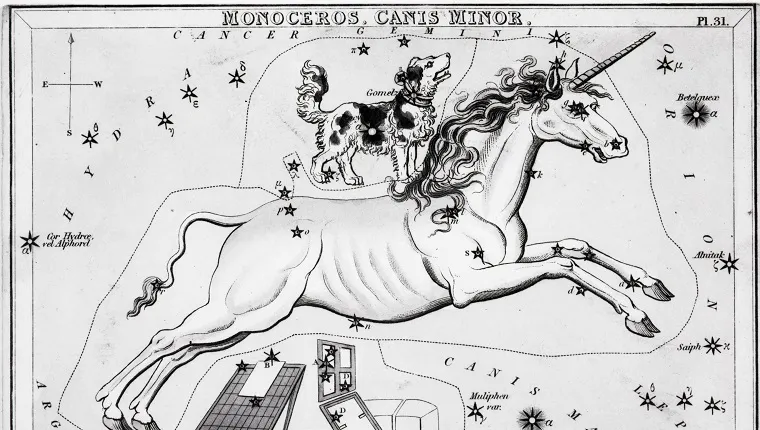 (Original Caption) Illustration depicting a view of the heavens, with the constellations Monoceros, Canis Minor, and Atelier Typographique. Undated engraving.