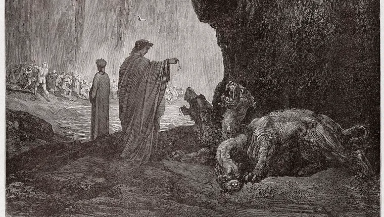 The Divine Comedy (La Divina Commedia, La Divine Comedie), Inferno, Canto 6 : Virgil feeds Cerberus in the third circle - by Dante Alighieri (1265-1321) - Engraving by Gustave Dore (1832-1883), 1885 (Photo by Stefano Bianchetti/Corbis via Getty Images)