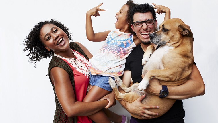 Dog on top of sales woman