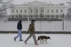 People walk a dog during a snow storm in front of the White House in Washington, DC, March 3, 2014. Snow began falling in the nation's capital early Monday, and officials warned people to stay off treacherous, icy roads a scene that has become familiar to residents in the Midwest, East and even Deep South this year. Schools were canceled, bus service was halted in places and federal government workers in the DC area were told to stay home Monday.
