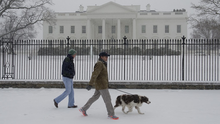 People walk a dog during a snow storm in front of the White House in Washington, DC, March 3, 2014. Snow began falling in the nation's capital early Monday, and officials warned people to stay off treacherous, icy roads a scene that has become familiar to residents in the Midwest, East and even Deep South this year. Schools were canceled, bus service was halted in places and federal government workers in the DC area were told to stay home Monday.