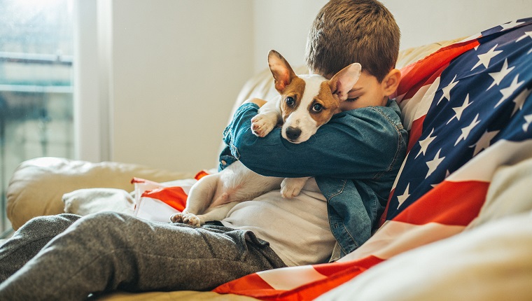 Boy and a dog sitting on the sofe at home with american flag