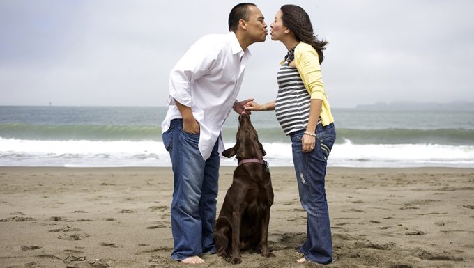 people kiss on beach with dog at their feet