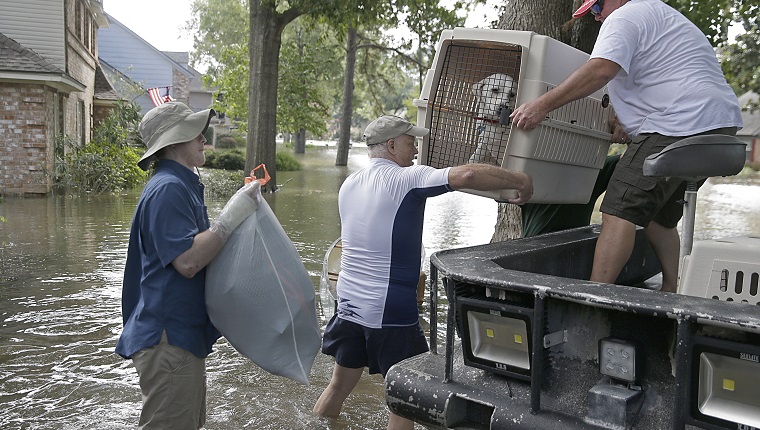 A father and son carry their dog as they evacuate from their homes the flood in Lakeside Estate in Houston, Texas on August 30, 2017. Monster storm Harvey made landfall again Wednesday in Louisiana, evoking painful memories of Hurricane Katrina's deadly strike 12 years ago, as time was running out in Texas to find survivors in the raging floodwaters. / AFP PHOTO / Thomas B. Shea (Photo credit should read THOMAS B. SHEA/AFP/Getty Images)