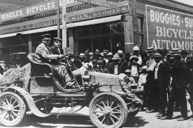 UNKNOWN — 1903: Physician Horatio Nelson Jackson (at wheel) and his driving partner Sewall K. Crocker became the first men to drive an automobile across the United States. Starting in San Francisco, CA, they arrived in New York City on July 26 after a trip that took 63 days, 12 hours, and 30 minutes. Over 800 gallons of gasoline were needed to complete the journey in this Winton.