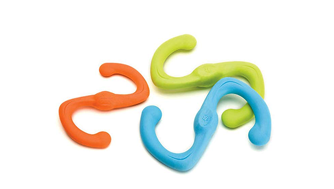 Brightly colored, s-shaped toy