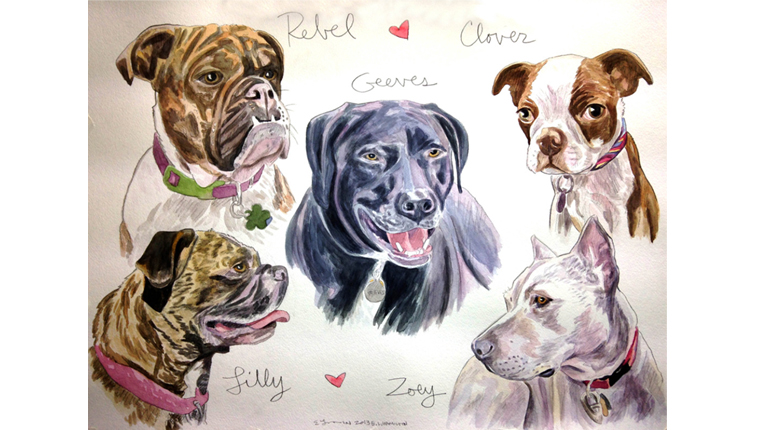 Watercolor paintings by Gene of several dogs