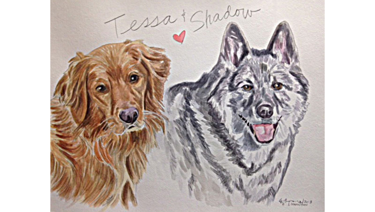Gene's watercolor of dogs named Tessa and Shadow