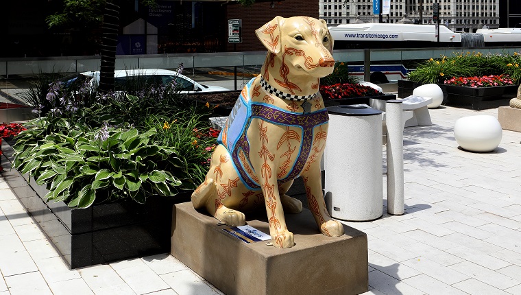 CHICAGO - JULY 13: Tony Passero's 'K9s For Cops' sculpture of K9 Percy is displayed at the Hyatt Regency Chicago Hotel in Chicago, Illinois on July 13, 2019. 