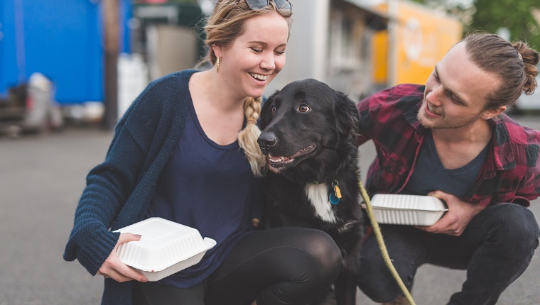 A hipster couple in their 20s get their food to go from a food cart. Their pet dog is very excited to eat also. They are crouched down with her and affectionately patting and hugging her.