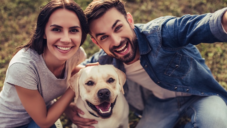 Beautiful romantic couple is having fun with their dog labrador retriever outdoors. Sitting on a green grass and making selfie.