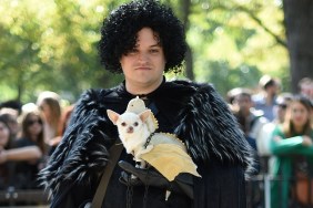 arade goers dressed like John Snow from Game of Thrones and their dog participates in the 24th Annual Tompkins Square Halloween Dog Parade on October 25, 2014 in New York City. Thousands of spectators gather in Tompkins Square Park to watch hundreds of masquerading dogs in the countrys largest Halloween Dog Parade.