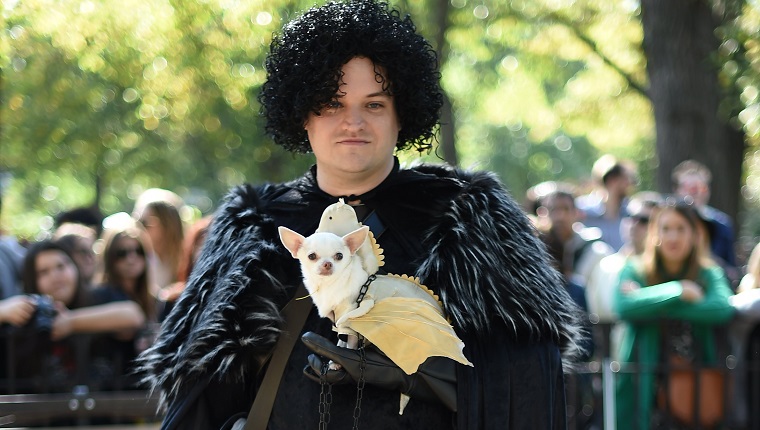 arade goers dressed like John Snow from Game of Thrones and their dog participates in the 24th Annual Tompkins Square Halloween Dog Parade on October 25, 2014 in New York City. Thousands of spectators gather in Tompkins Square Park to watch hundreds of masquerading dogs in the countrys largest Halloween Dog Parade.