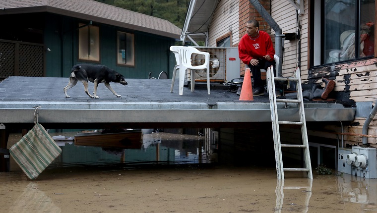 GUERNEVILLE, CALIFORNIA. - FEB. 27: A man and a dog wait on carport of a home in Guerneville, California, for a boat ride evacautation after the Russian River flooded the town, Tuesday, Feb. 26, 2019. 