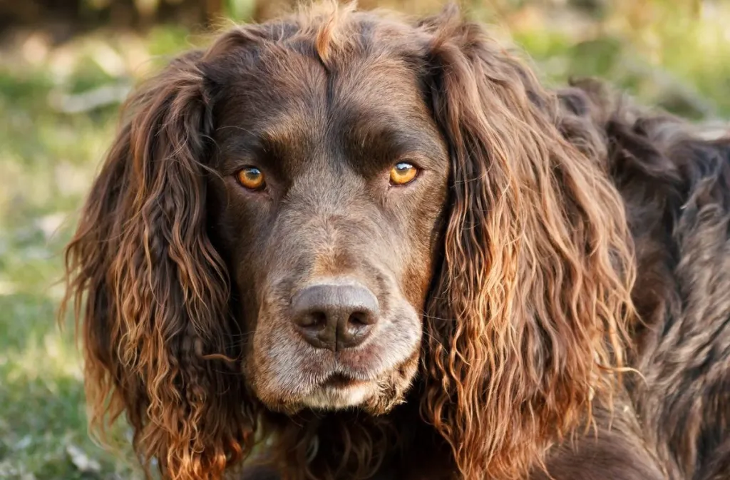 A close-up of a Deutscher Wachtelhund, or German Spaniel, with amber eyes and brown fur.