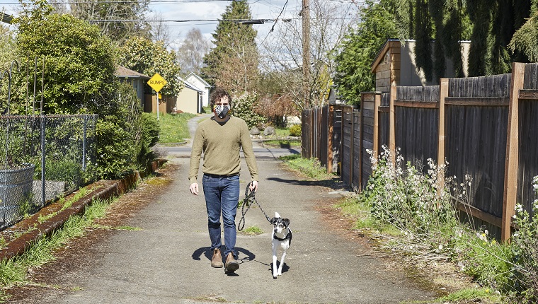 Portrait of a man walking his dog down an alley in spring, wearing a home made face mask.