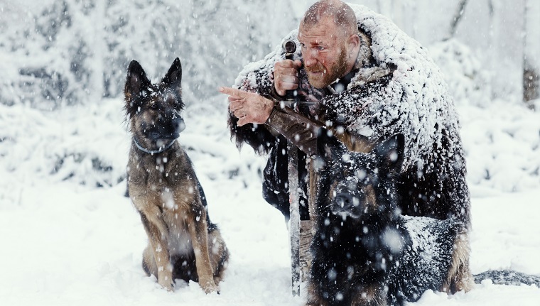 Bloody viking warrior in a winter snowstorm with hunting dogs