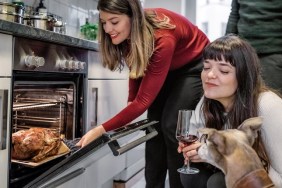 beautiful young woman with dog checking christmas poultry in the oven