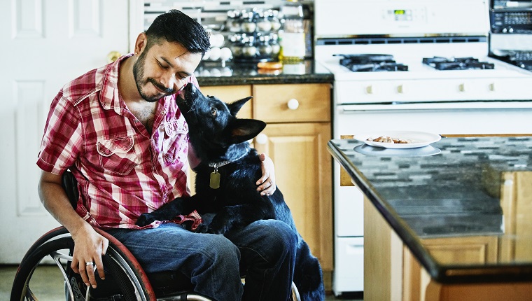 Smiling man in wheelchair having face licked by dog while hanging out in kitchen